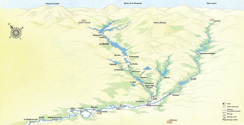 Mappa delle gole della Truyère nella valle del Lot