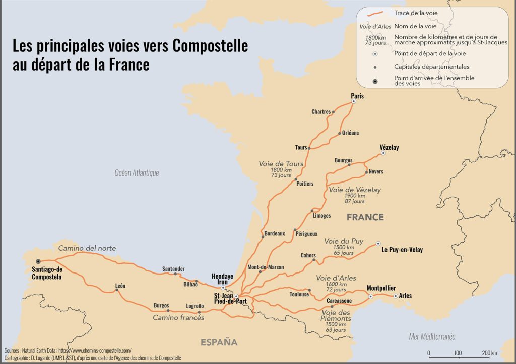 Mappe dei percorsi francesi a Compostela