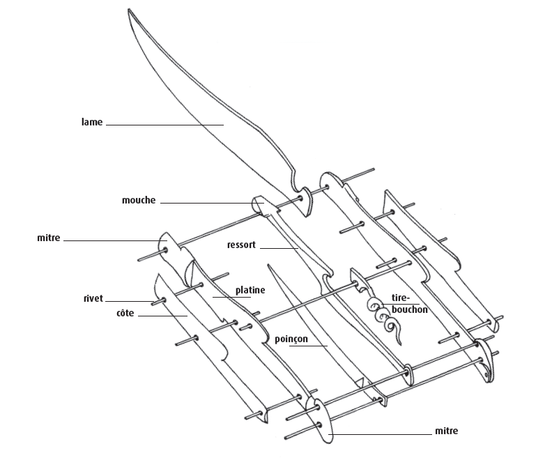 Esquema de los componentes del cuchillo Laguiole