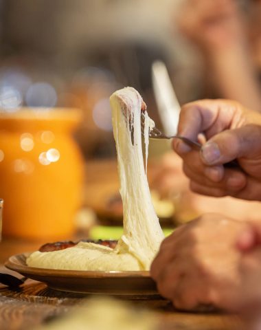 Eating an aligot from Aubrac